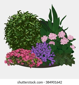 Garden Landscapes, Summer And Spring Flower Bed. Vector Flat Illustrations