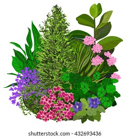 Garden Landscapes, Summer And Spring Flower Bed. Vector Illustrations