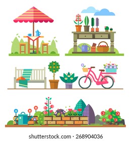 Garden landscapes, summer and spring: picnic, bike, watering can, flower bed.
Vector flat  illustrations