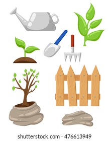 Garden landscapes, summer and spring Set of various gardening items.