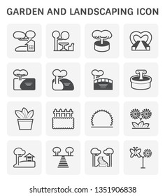 Garden and landscaping icon. Consist of ornamental and decoration object i.e. building, garden furniture, tree, bush, pond, bridge, fountain, pot, pavilion, walkway, flower and butterfly. Vector icon.