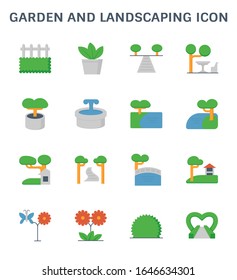 Garden and landscaping icon. Consist of ornamental and decoration object i.e. building, garden furniture, tree, bush, pond, bridge, fountain, pot, pavilion, walkway, flower and butterfly. Vector icon.