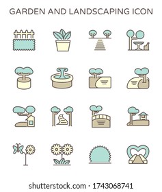 Garden and landscaping icon. Consist of ornamental and decoration object i.e. building, garden furniture, tree, bush, pond, bridge, fountain, pot, pavilion, walkway, flower and butterfly. Vector icon.