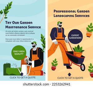 garden landscaping services, professional assistance and help with maintaining yard. High quality, click to get quote. Experts and specialist. Promotional banner or advertisement, vector in flat style