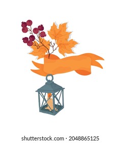 A garden lantern. Autumn decorative design. Thanksgiving day.  Isolated vector colorful element on a white background. Isolated vector colorful element on a white background. 