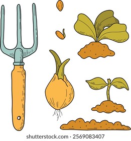  Garden. Large set of vector illustrations of agriculture. Garden tools, household collection. Growing vegetables. Spring greenhouse plants, seedlings, potting ladder, compost. Landscape design.