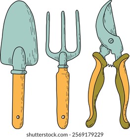  Garden. Large set of vector illustrations of agriculture. Garden tools, household collection. Growing vegetables. Spring greenhouse plants, seedlings, potting ladder, compost. Landscape design.