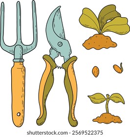  Garden. Large set of vector illustrations of agriculture. Garden tools, household collection. Growing vegetables. Spring greenhouse plants, seedlings, potting ladder, compost. Landscape design.