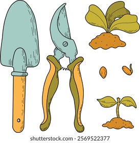  Garden. Large set of vector illustrations of agriculture. Garden tools, household collection. Growing vegetables. Spring greenhouse plants, seedlings, potting ladder, compost. Landscape design.