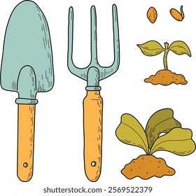  Garden. Large set of vector illustrations of agriculture. Garden tools, household collection. Growing vegetables. Spring greenhouse plants, seedlings, potting ladder, compost. Landscape design.