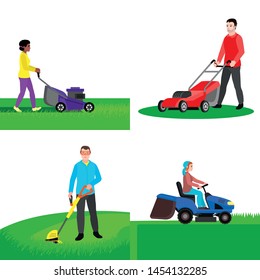 Garden lawnmower banner set. Flat illustration of garden lawnmower vector banner set for web design