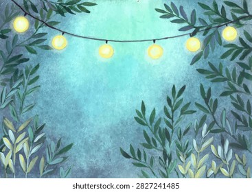Garden lights hang overhead, casting a warm glow in a space filled with leafy plants. The setting is lively yet relaxed, perfect for an evening gathering or reflection. The mix of light and plant life creates a welcoming atmosphere, inviting onlookers to enjoy the charm of nature combined with soft illumination. This scene captures a moment in time when day transitions to night, enhancing the beauty of the garden