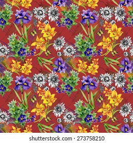 Garden Lily, Iris, African Violet, Saintpaulia flowers watercolor seamless pattern with butterflies on red background vector illustration