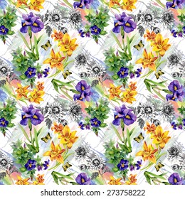 Garden Lily, Iris, African Violet, Saintpaulia flowers watercolor seamless pattern with butterflies on white background vector illustration