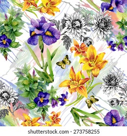 Garden Lily, Iris, African Violet, Saintpaulia Flowers Watercolor Seamless Pattern With Butterflies On White Background Vector Illustration