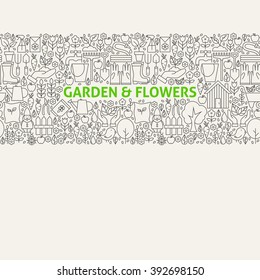 Garden Line Art Seamless Web Banner. Vector Illustration for Website banner and landing page. Spring Gardening and Flowers Modern Design.