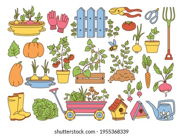 Garden line cartoon set. Vegetables growing soil in pot, rustic fence. Rubber boots, pitchfork and gloves, secateurs. Garden cart, birdhouse watering can. Hand drawn Isolated vector illustration