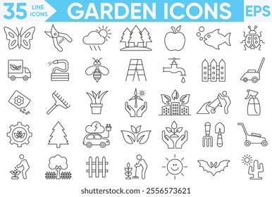 Garden Line icon set. Containing mountain, forest, river, beach, desert, field, island.Trees and Woodland Icon collection containing.Vector And illustrator set.