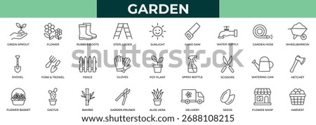 Garden line icon set. fruit tree, garden tool, gardening, grow, harvest, hatchet, hosepipe, natur icons collection. 