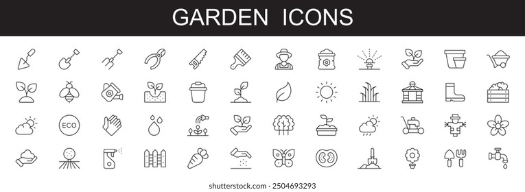 Iconos de la línea del jardín fijados planta, flores, árboles, regando la lata, cerca, cultivar y jardinería. Ilustración vectorial en el fondo blanco,