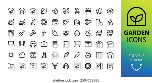 Garden line UI icons set. Set of greenhouse, lawn mower, pruning shears, gardening tools, barbecue, fence, fertilizers, soil bag, plant, shed, seed, garden cart vector icon with editable stroke