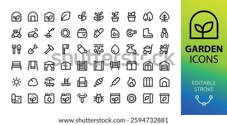 Garden line UI icons set. Set of greenhouse, lawn mower, pruning shears, gardening tools, barbecue, fence, fertilizers, soil bag, plant, shed, seed, garden cart vector icon with editable stroke
