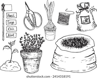 Garden, liner, outline, set, illustrations, vector, plants, pots, herb, garden tools, seed. scissors, soil