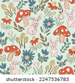 Garden of little bunnies hiding between flowers and mushrooms pink, yellow, blue, red and green over mint background. Great for home decor, fabric, wallpaper, gift-wrap, stationery and design projects