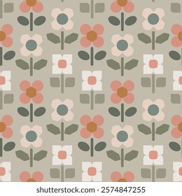 Garden of little four petal flowers with leaves and stems in a geometric garden in peach, blue, beige, off white and green on gray background. A seamless vector pattern. Great for home decor, fabric.