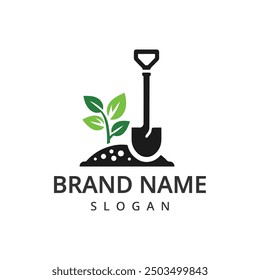 Garden logo template farm logo using  shovel and plant illustration