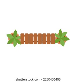 Garden long bench with flower pots around edges, furniture for outdoor plan. Vector illustration of patio and yard landscape element isolated on white. Architecture, design concept