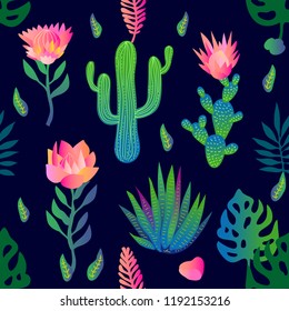 Garden with lotuses and cacti. Seamless vector pattern with flowers and palm leaves. Trendy design with gradient colors. Tropical textile collection. On dark blue background.