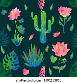 Garden with lotuses and cacti. Seamless vector pattern with flowers and palm leaves. Trendy design with gradient colors. Tropical textile collection. On dark green background.