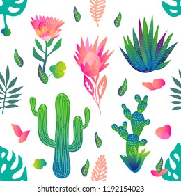 Garden with lotuses and cacti. Seamless vector pattern with flowers and palm leaves. Trendy design with gradient colors. Tropical textile collection. On whie background.