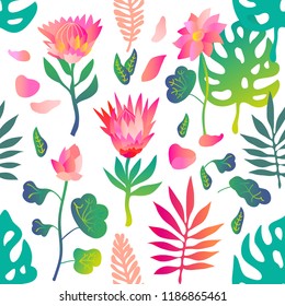 Garden of lotuses. Seamless vector pattern with water lilies and palm leaves. Trendy design with gradient colors. Tropical textile collection. On white background.