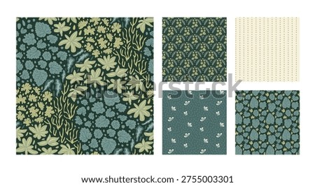 Garden lush seamless pattern collection with botanical leaves on dark green. Plant foliage endless background vector set for textile and wallpaper. Seamless surface with summer leaves and floral motif