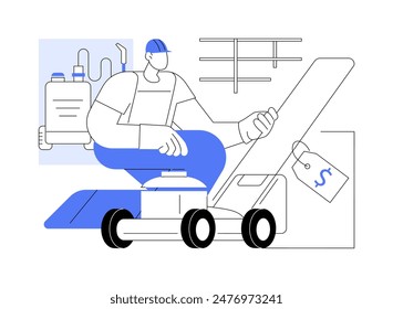 Garden machinery isolated cartoon vector illustrations. Smiling salesman near lawn mower equipment, modern garden center, business owner, trade profession, smart retail vector cartoon.