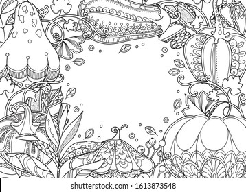 Garden magic horizontal frame in doodle style. Floral, ornamental, tribal, decor design elements. Pumpkins, leaves. Black and white background. Coloring book page