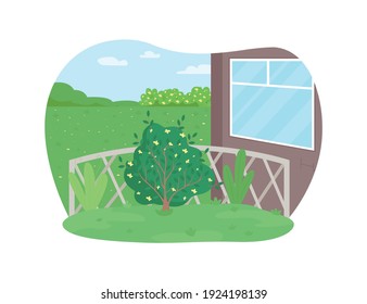 Garden maintenance 2D vector web banner, poster. Plant care. Cultivate bush, horticulture. House backyard flat scene on cartoon background. Yard care printable patch, colorful web element