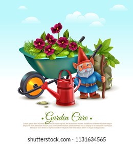 Garden maintenance classic vintage style colorful composition with wheelbarrow flowering plants watering can and gnome vector illustration