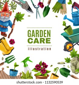 Garden maintenance colorful tools equipment accessories square frame with spade seedlings pruners flowers rake sprayer vector illustration 