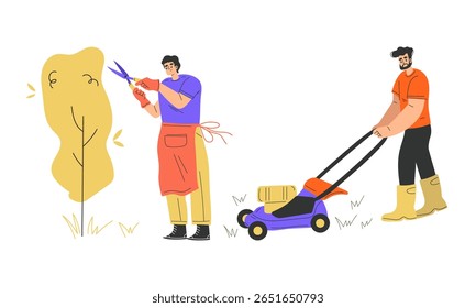 Garden Maintenance Engaging in Various Pruning and Lawn Mowing Activities for Better Health