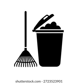 Vector de equipos de mantenimiento de jardines, rastrillo y silueta de papelera sobrecargada para jardinería, limpieza de patios y gestión de residuos