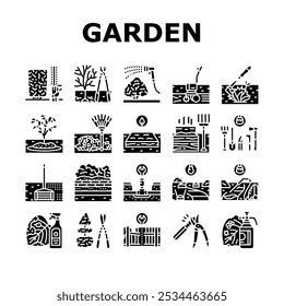 garden maintenance mulching icons set vector. pruning mulching, fertilizing watering, mowing edging, planting trimming, aerating garden maintenance mulching glyph pictogram Illustrations