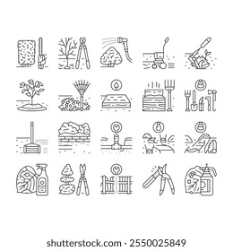 garden maintenance mulching icons set vector. pruning mulching, fertilizing watering, mowing edging, planting trimming, aerating garden maintenance mulching black contour illustrations