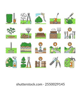 garden maintenance mulching icons set vector. pruning mulching, fertilizing watering, mowing edging, planting trimming, aerating garden maintenance mulching color line illustrations