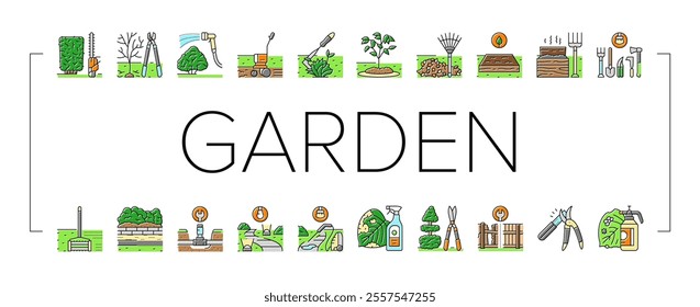 garden maintenance mulching icons set vector. pruning mulching, fertilizing watering, mowing edging, planting trimming, aerating garden maintenance mulching color line illustrations