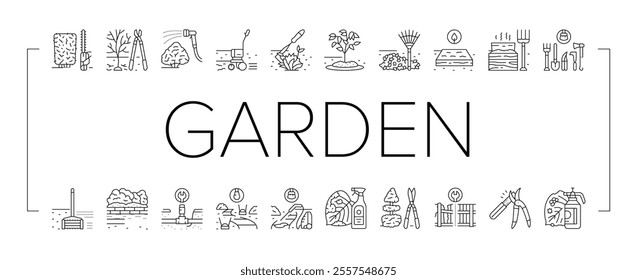 garden maintenance mulching icons set vector. pruning mulching, fertilizing watering, mowing edging, planting trimming, aerating garden maintenance mulching black contour illustrations