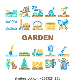 garden maintenance mulching icons set vector. weeding fertilizing, watering mowing, edging aeration, composting planting, trimming garden maintenance mulching color line illustrations