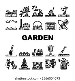 garden maintenance mulching icons set vector. weeding fertilizing, watering mowing, edging aeration, composting planting, trimming garden maintenance mulching black contour illustrations